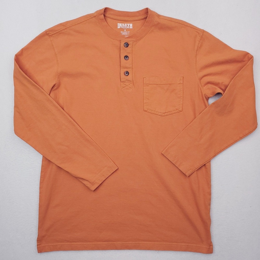 Duluth Trading Co Shirt Mens Medium Orange Longtail T Pocket Henley Long Sleeve